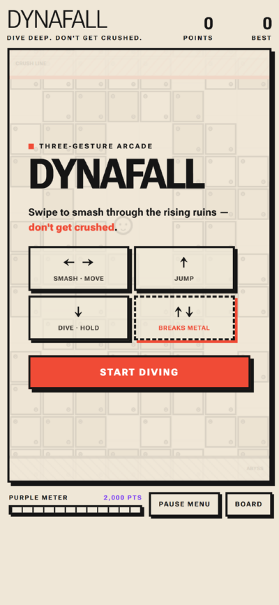 DYNAFALL title screen with the gesture guide and START DIVING button